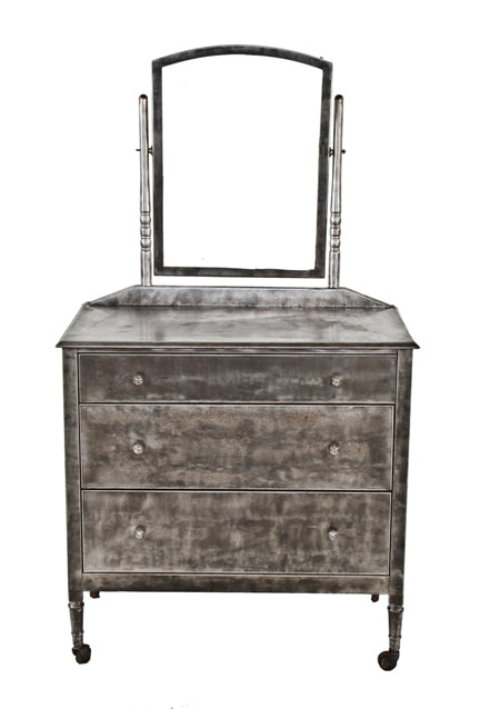 highly desirable early 1930's american industrial refinished pressed and folded sheet steel "simmons" lowboy dresser with original arch top swivel mirror