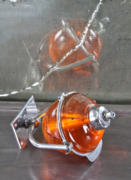 c. 1910-14 american industrial embossed clear glass "beau brummel" wall mount liquid soap dispenser orb with nickel-plated swivel bracket