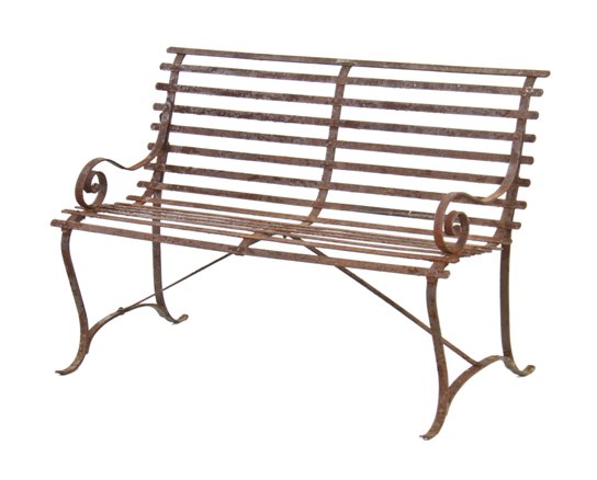 rare turn of the century antique american exterior city of chicago ornamental wrought iron park bench with fanciful scrollwork armrests