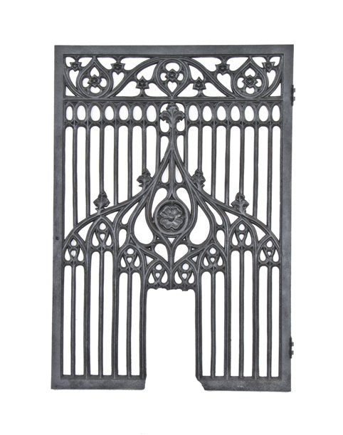 rare early 20th century american gothic style black enameled cast iron hammond masonic temple ticket teller cage with intricate tracery