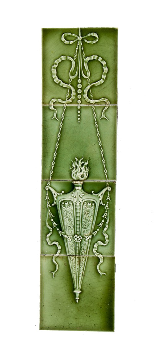 impressive 19th century antique american victorian era trent tile set depicting a hanging urn with fanciful flame finial