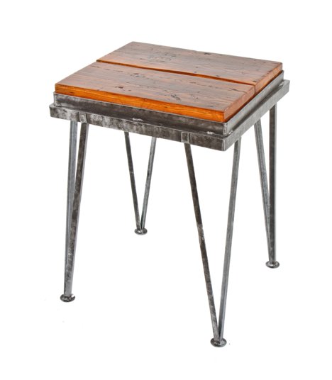 original and unusual depression era american industrial custom-built welded joint steel work table with old growth pine wood plank top