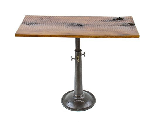repurposed early 1920's american industrial surface-grinding machine cast iron telescoping pedestal base with rough-sawn poplar wood tabletop