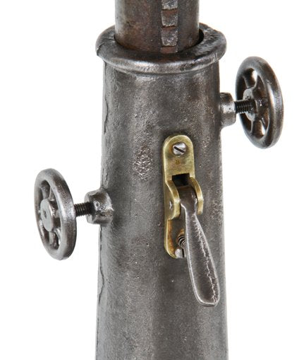 repurposed early 1920's american industrial surface-grinding machine cast iron telescoping pedestal base with rough-sawn poplar wood tabletop