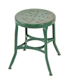 c. 1930's american industrial low-lying green enameled folded and pressed steel toledo stool with perforated seat