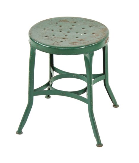 c. 1930's american industrial low-lying green enameled folded and pressed steel toledo stool with perforated seat