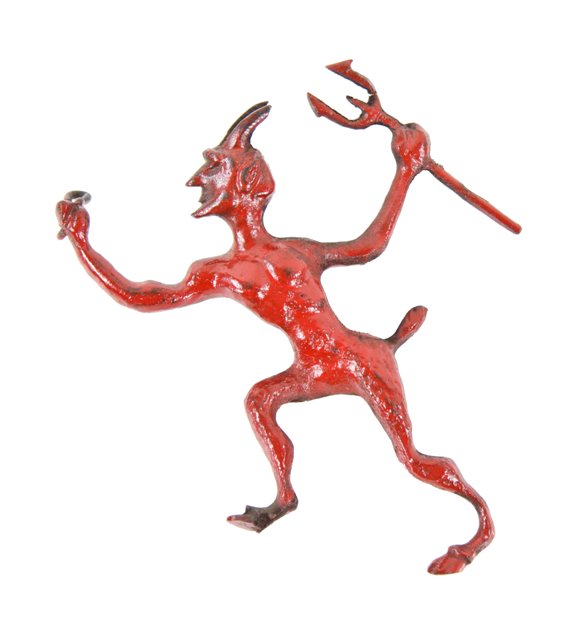 rare and unusual late 19th century ornamental cast bronze figural "devil" or satyr residential fireplace chimney damper pull handle with original baked red enameled finish