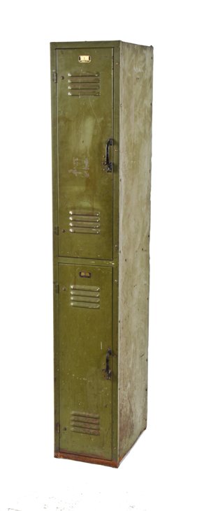 original late 1930's american industrial freestanding olive green enameled double unit locker with intact louvered doors