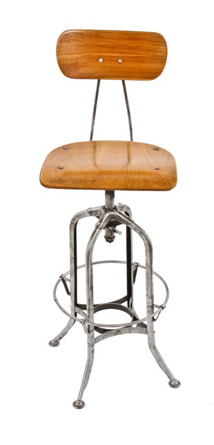 fully refinished american industrial c. 1930's "uhl art steel" adjustable height factory stool with contoured backrest and saddle seat