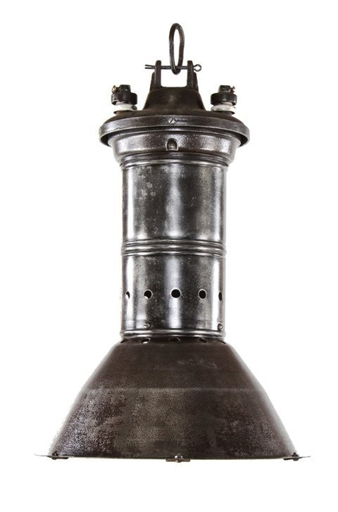 rare original early 20th century antique american industrial oversized early electric incandescent rolled iron factory pendant light with intact sectional silver-plated mirror reflectors