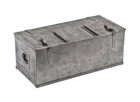 robust early 20th century american industrial riveted joint heavy gauge steel strongbox with intact strap hinges and drop handles