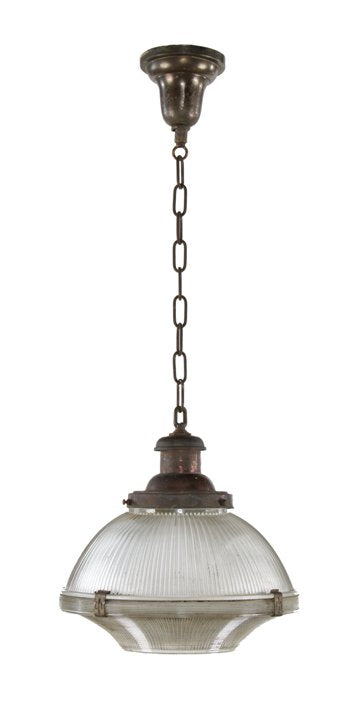 original c. 1918-22 american industrial model "2110-v.f." self-contained reflector-refractor holophane prismatic glass pendant light