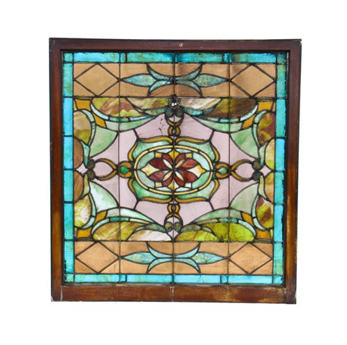impressive early 20th century late american victorian era leaded art glass interior residential staircase landing window with original sash frame