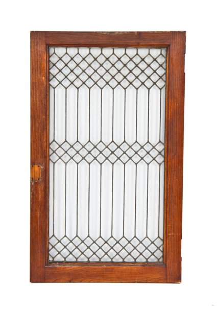 original early 20th century american chicago graystone built-in leaded glass cabinet door with strongly geometric design motifs