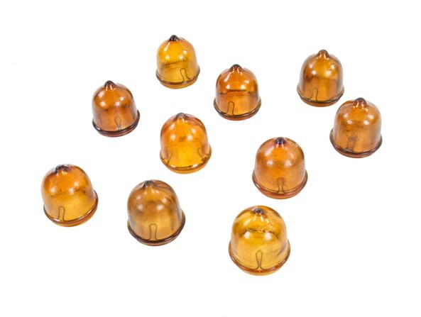 large lot of original and intact dark amber colored mold-blown american antique depression-era "reco" theater marquee sign light bulb hoods with internal steel clamps