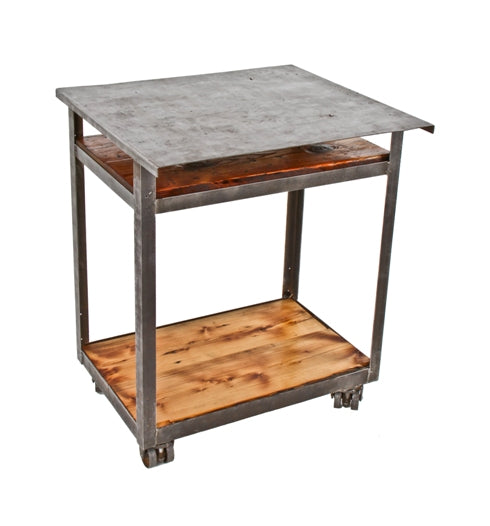 modified c. 1930's vintage american industrial heavy gauge steel mobile factory work station with varnished pine wood undershelf