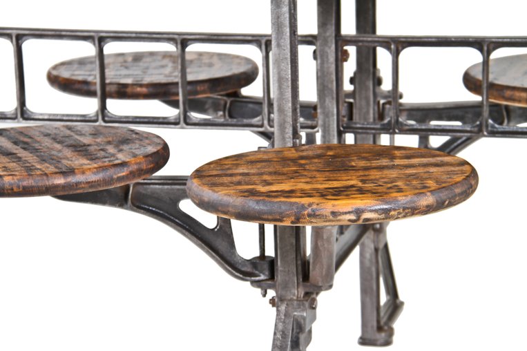 very scarce c. 1918-1922 original american industrial "sani lunch room" eight swing-out seat stationary table with refinished cast iron base