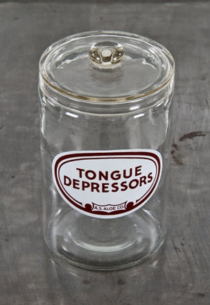 all original and intact late 1930's vintage medical examination room "tongue depressors" sundry jar with ground glass lid