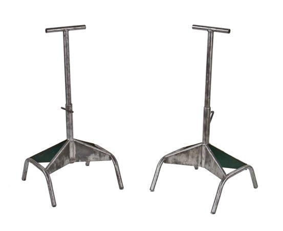 matching pair c. 1950's vintage american industrial brushed steel conveyor belt "rapistan" adjustable height stands with tubular legs