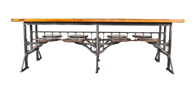 very scarce c. 1918-1922 original american industrial "sani lunch room" eight swing-out seat stationary table with refinished cast iron base
