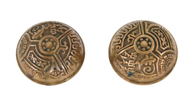 pair of late 1880's antique american eastlake style ornamental yellow brass metal "ceylon" pattern dome-shaped residential doorknobs