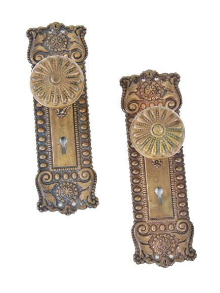 exceptional set of original late 19th century american antique "dedham" pattern interior residential ornate brass passage door hardware