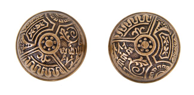 set of original 19th century antique american eastlake style "ceylon" pattern dome-shaped interior residential brass doorknobs