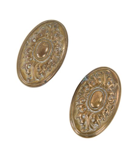 two original early 20th century interior residential nicely aged ornamental wrought brass oval-shaped passage size doorknobs