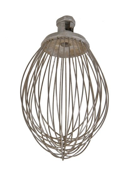 american made vintage industrial oversized stainless steel commercial grade mixing bowl whisk containing a series of wire loops