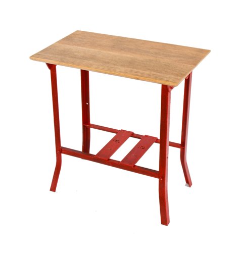 c. 1930's vintage american industrial custom built four-legged angled steel stationary work stand with newly added varnished oak wood tabletop
