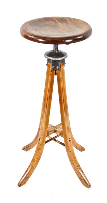 solidly constructed late 19th century american industrial flared leg birch wood draftsman stool with intact revolving circular seat
