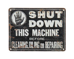 original late 1930's single-sided vintage industrial stamped steel "shut down this machine" oil refinery safety first sign with halting hand logo