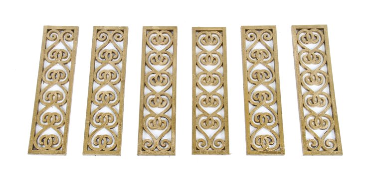lot of six matching original c. 1920's american interior "new palace" theater house ornamental cast iron balustrade panels with gold enameled finish