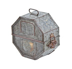 intact american vintage industrial galvanized steel "universal" hinged film reel case with original latch and drop handle