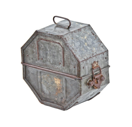 intact american vintage industrial galvanized steel "universal" hinged film reel case with original latch and drop handle
