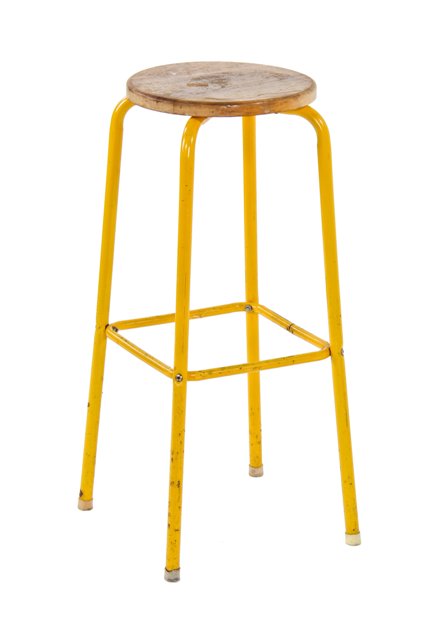 c. 1960's vintage american industrial lightweight yellow enameled tubular steel four-legged stationary stool with maple wood circular seat