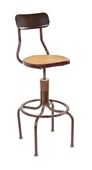 all original c. 1939-45 american industrial adjustable height telephone switchboard operator revolving stool with tubular steel four-legged base