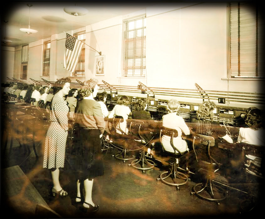 all original c. 1939-45 american industrial adjustable height telephone switchboard operator revolving stool with tubular steel four-legged base