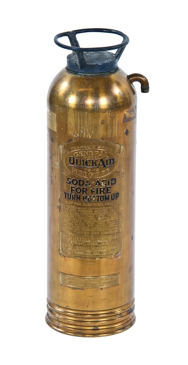 late 1940's vintage american industrial "quick aid" torpedo shell riveted joint polished brass metal wall-mount hotel lobby fire extinguisher