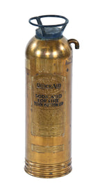 late 1940's vintage american industrial "quick aid" torpedo shell riveted joint polished brass metal wall-mount hotel lobby fire extinguisher