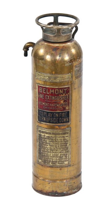 all original vintage american made wall-mount riveted joint brass "belmont" fire extinguisher with solid bronze threaded end valve wheel