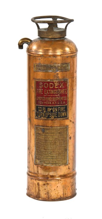 original american industrial wall-mount chicago hotel "sodex" riveted joint copper fire extinguisher with embossed plaques