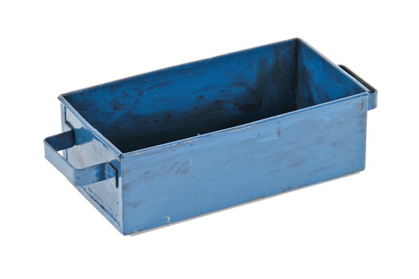 intact c. 1940's vintage industrial folded and pressed heavy gauge steel single compartment storage bin with blue paint finish