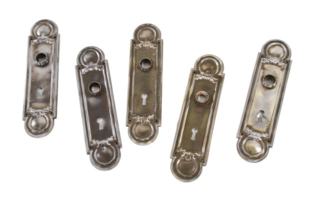 lot of five matching c. 1910-20 original american antique interior residential stamped steel passage door backplates with brushed metal finish