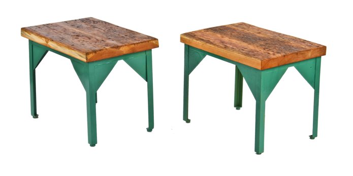 matching pair of c. 1940's vintage american industrial repurposed welded joint angled steel side tables with green paint finish