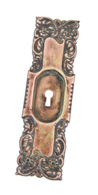 c. 1900's american art nouveau style flush mount "cup" handle "eulalia" pattern ornamental wrought brass pocket door plate