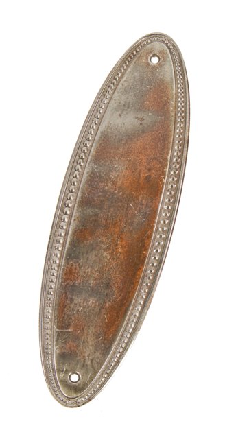 original early 20th century foursquare residential interior swinging door stamped steel oval-shaped push plate with beaded border
