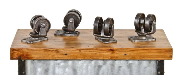 lot of four matching original and functional reinforced american industrial refinished iron and steel "roll ezy chief" swivel casters