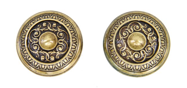 pair of original early 20th century antique american ornamental wrought brass "mantua" pattern passage size doorknobs