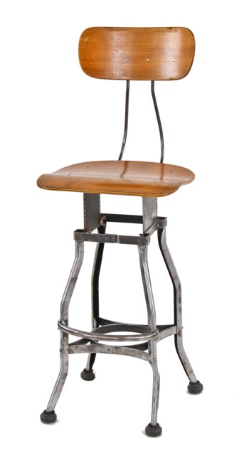 unusual and slightly modified c. 1930's vintage industrial adjustable height factory stool with welded joint heel ring and rubber "shoes"